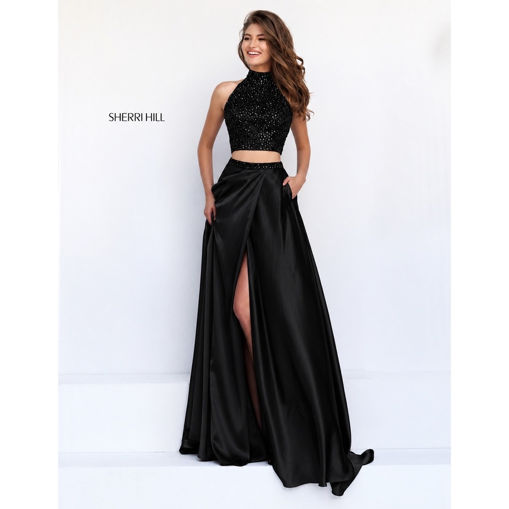 NWT Sherri Hill 11330 Black Two Piece Halter High Slit Prom Gown Dress Sz 4 $498